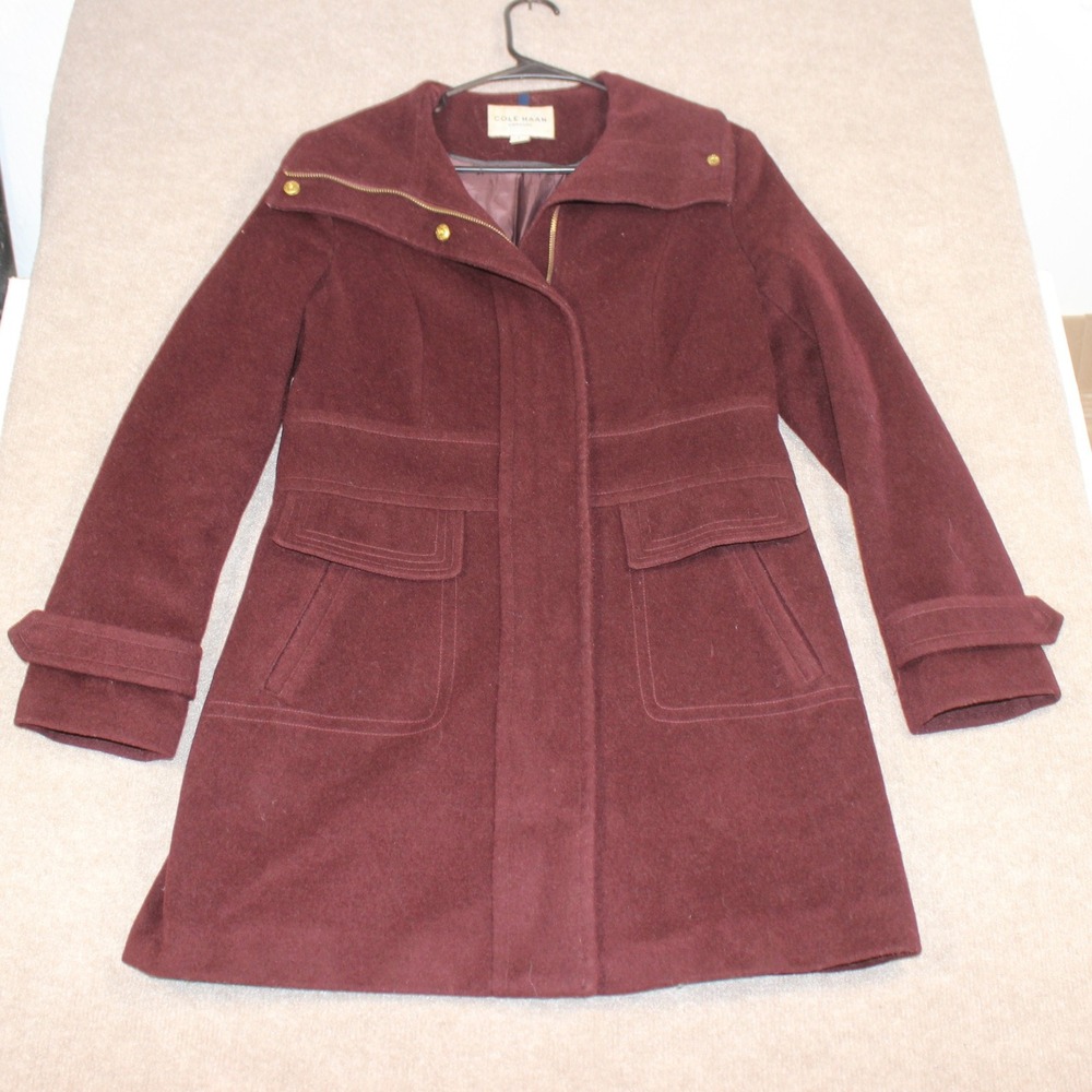 Cole Haan Signature Burgundy Wool Blend Asymmetrical Zip Funnel Neck Coat Size 4
